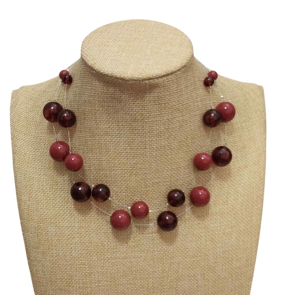 Treska Floating Bead Multi Strand Necklace Burgundy Mauve Silver Tone 69296